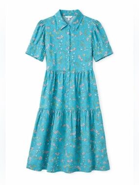 Crown & Ivy Teal Floral Linen Blend Puff Sleeve Tiered Midi Dress Button Front
